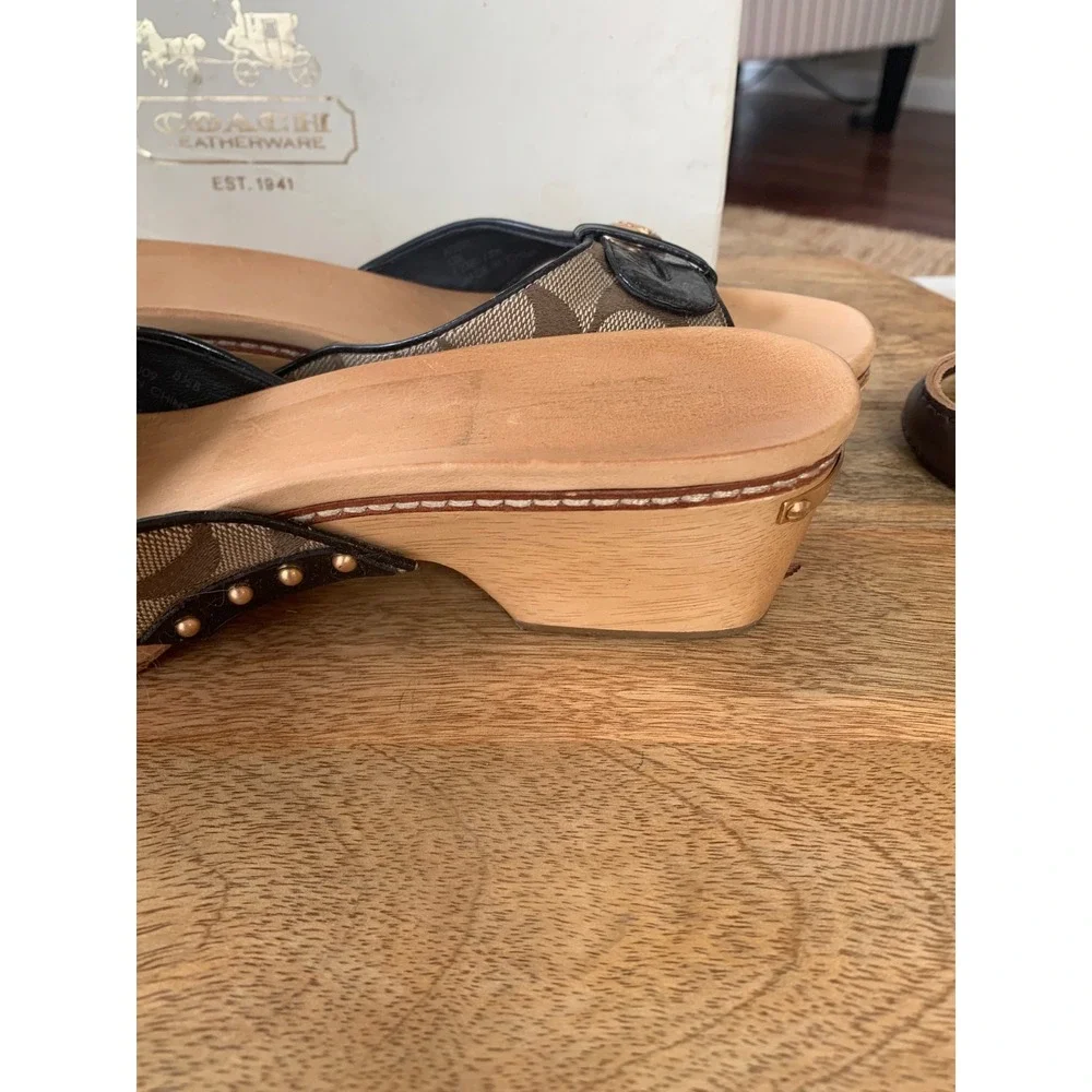 Vintage Coach Lee Sandal Signature Logo Cavas Wood Heel Patent Leather Women 8.5 - Picture 8 of 16